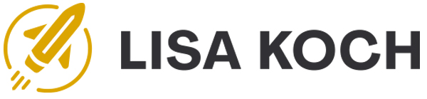 Rakete in gold, fliegt aus einem kreis, daneben steht Lisa Koch